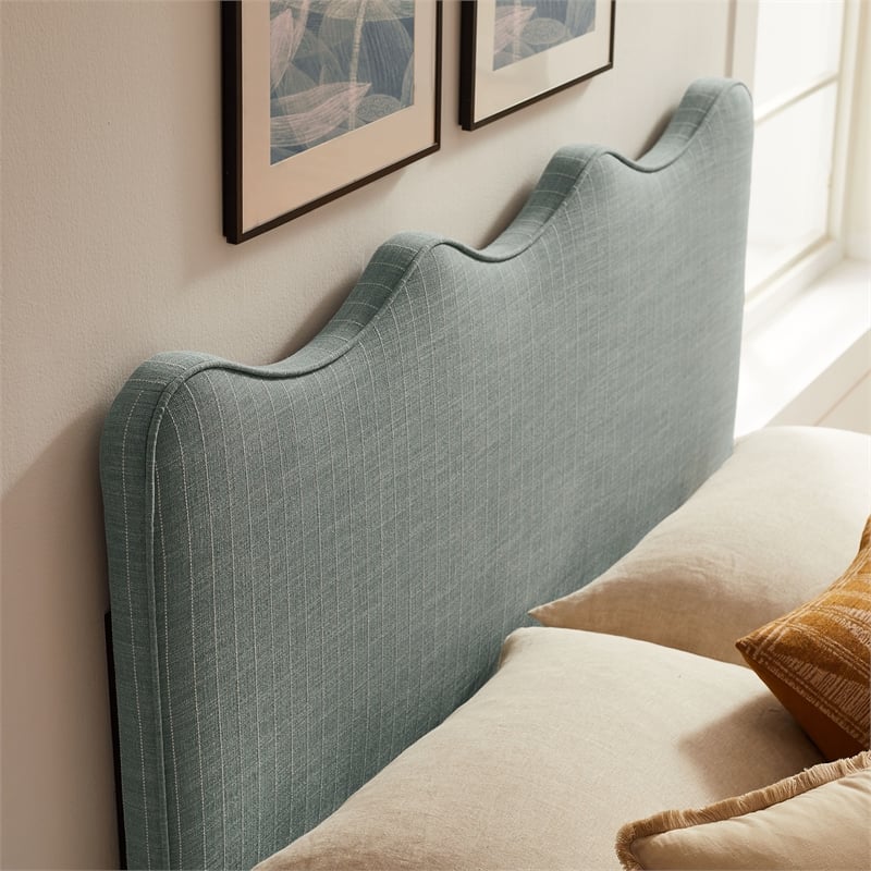 Pemberly Row Striped Upholstered Full Headboard in Spa Blue Cotton