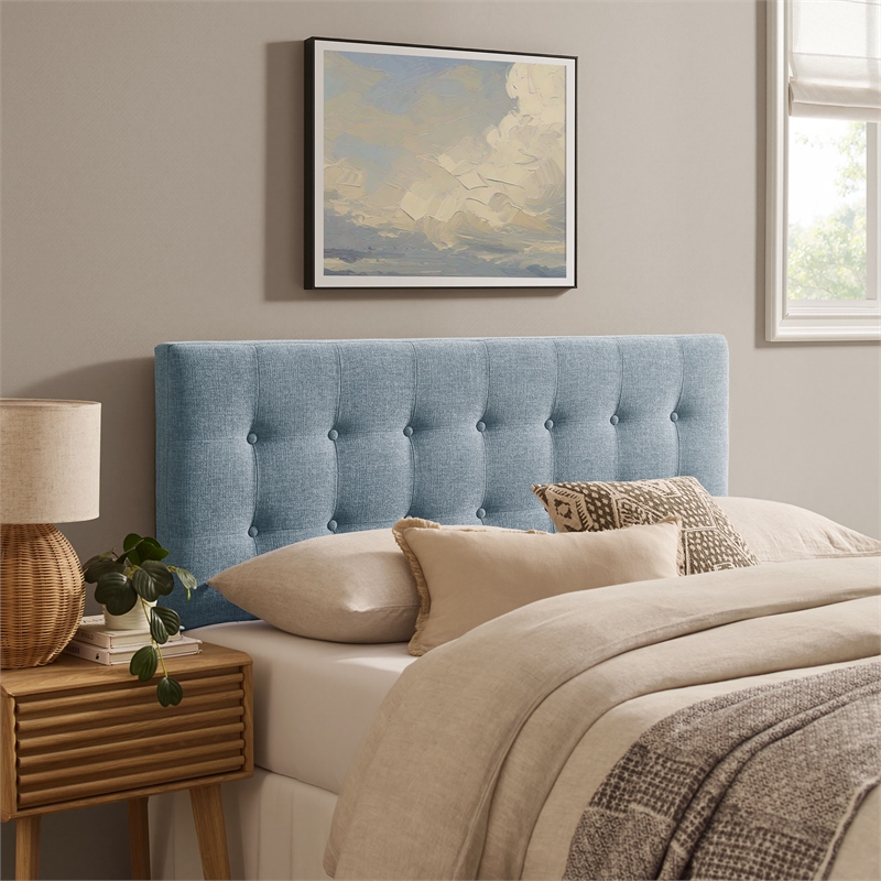 Pemberly Row Padded Upholstered King Headboard in Sky Blue Cotton