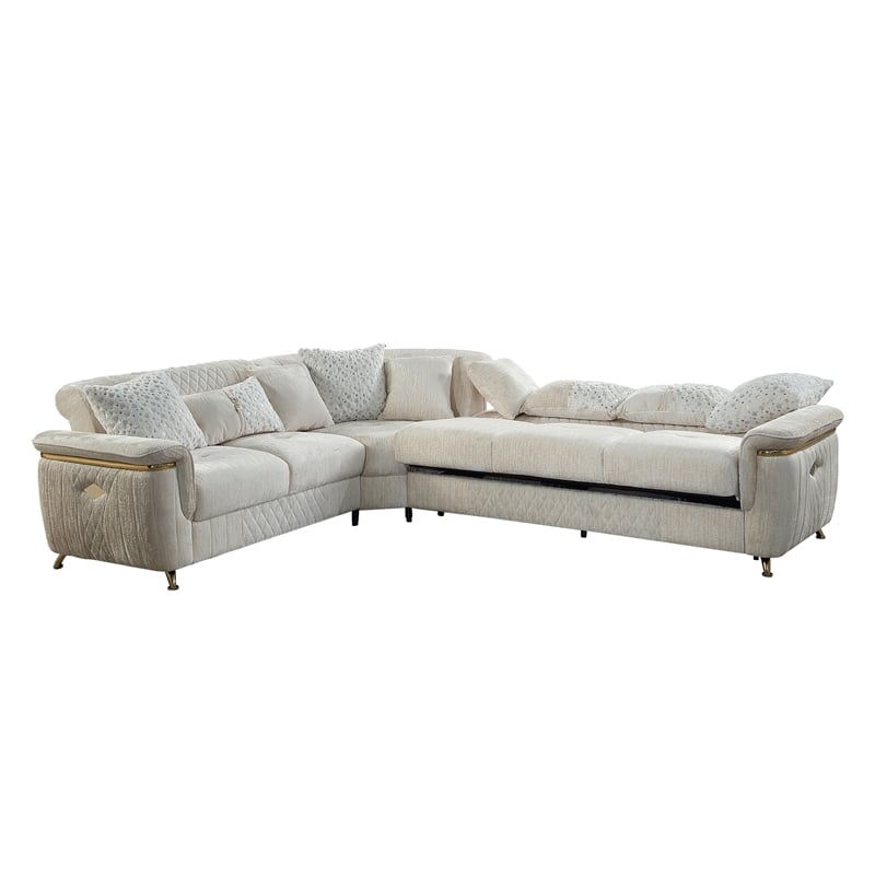 Pemberly Row Sectional with Wood and Stainless Steel Base in Beige
