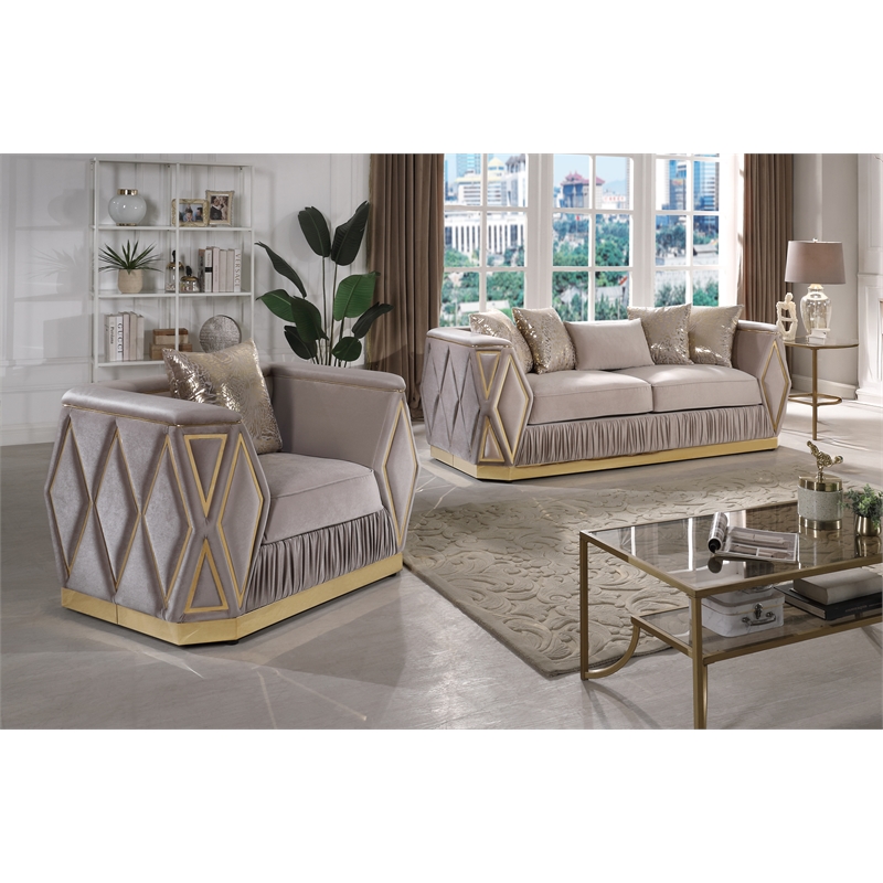 Pemberly Row 2 Piece Living Room Set with Wood Frame in Gold and Taupe