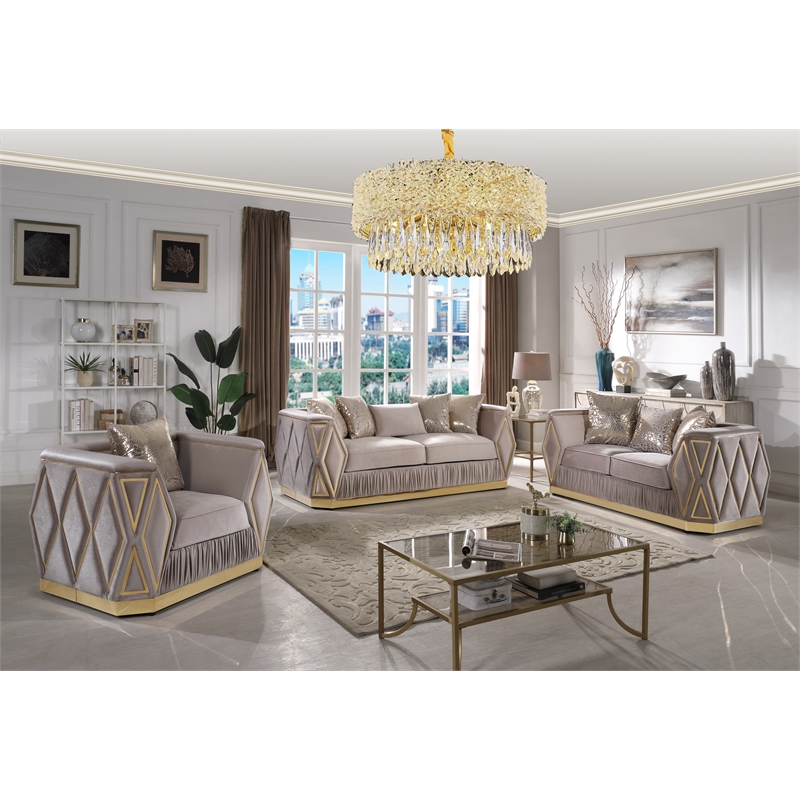 Pemberly Row 3 Piece Living Room Set with Wood Frame in Gold and Taupe
