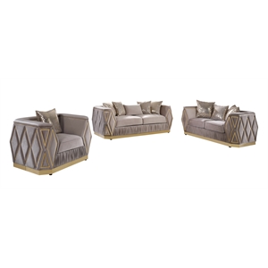 Pemberly Row 3 Piece Living Room Set with Wood Frame in Gold and Taupe