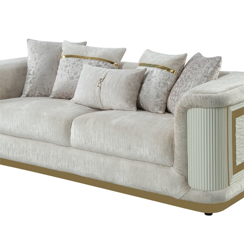 Pemberly Row Upholstered Sofa with Brushed Gold Metal Frame in Cream