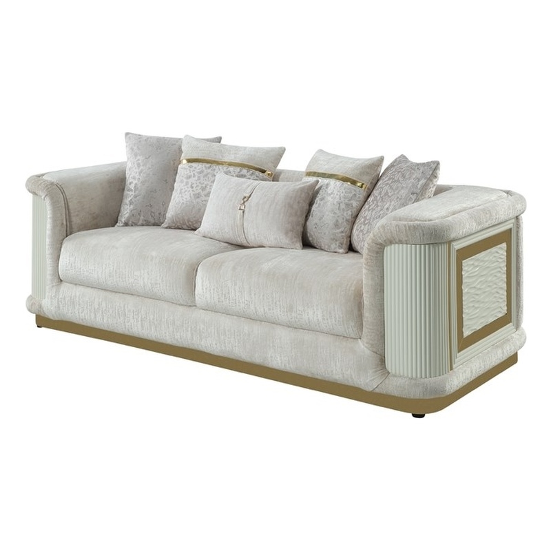 Pemberly Row Upholstered Sofa with Brushed Gold Metal Frame in Cream