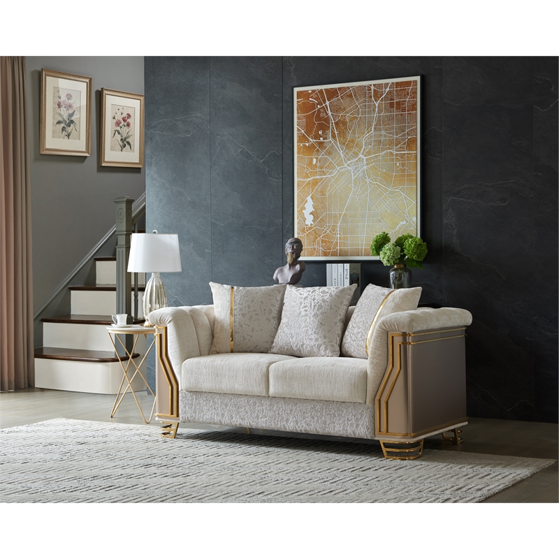 Pemberly Row 2 Piece Luxury Living Room Set with Gold Steel Legs in Cream