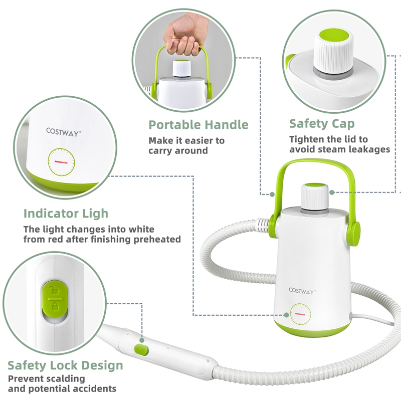 Pemberly Row 1000W Portable Handheld Steam Cleaner with 10 Accessories in Green