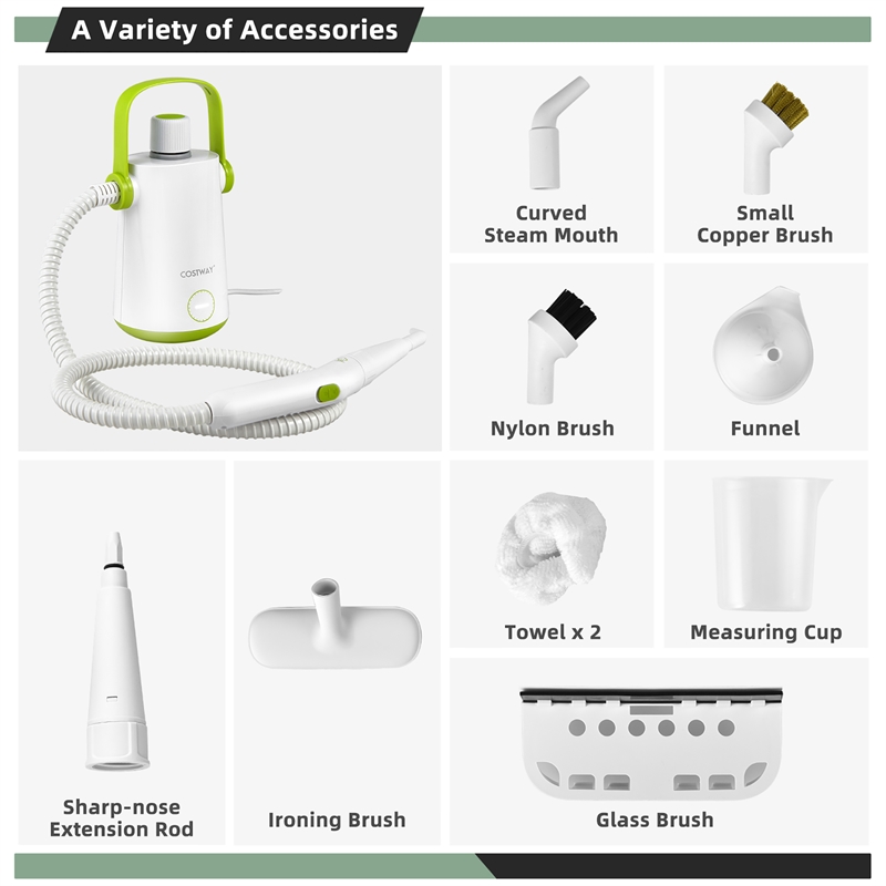 Pemberly Row 1000W Portable Handheld Steam Cleaner with 10 Accessories in Green