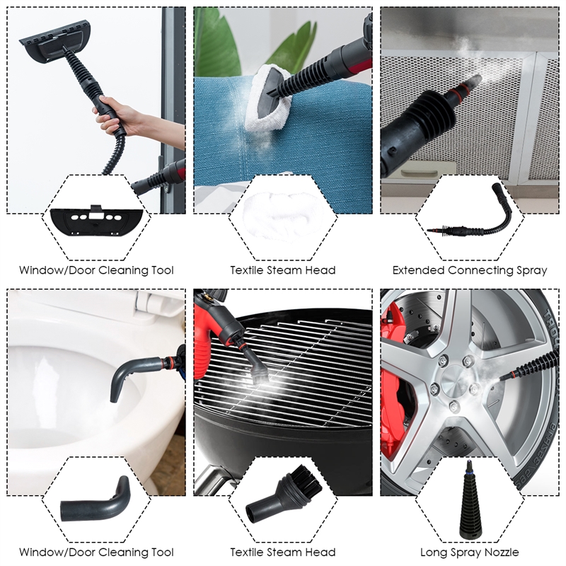 Pemberly Row Portable 1050W Steam Cleaner with Multiple Functions in Red