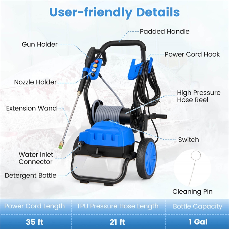 Pemberly Row Electric Pressure Washer with Wheels and 5 Quick Connect Nozzles