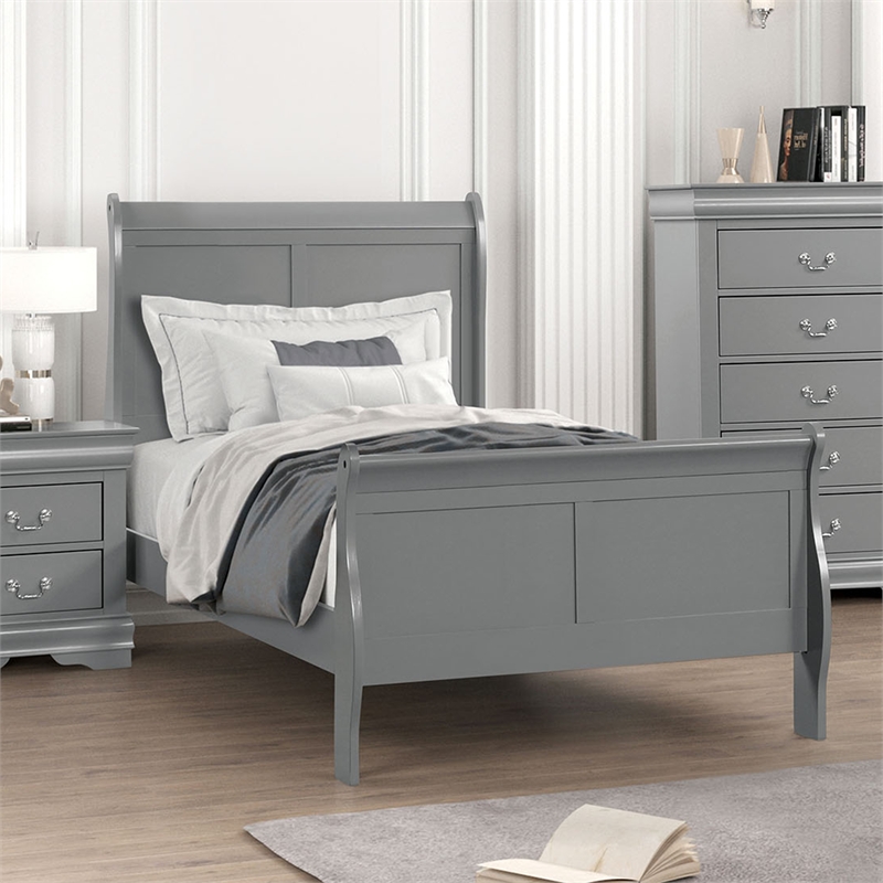 Pemberly Row Solid Wood Sleigh Twin Bed with Dovetail Drawers in Gray