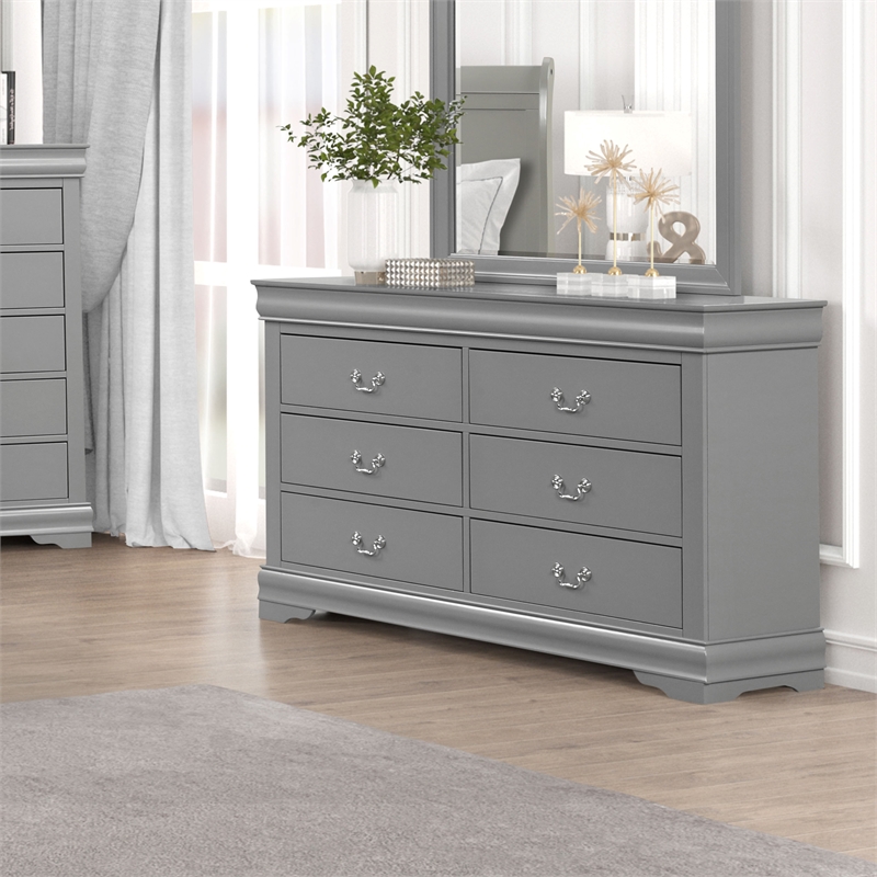 Pemberly Row Wood Dovetail 6-Drawer Dresser in Solid Wood Gray