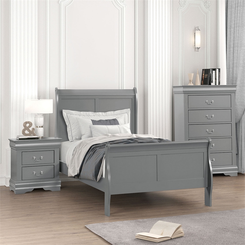 Pemberly Row Wood Frame 3-Piece Twin Bedroom Set with Headboard in Gray