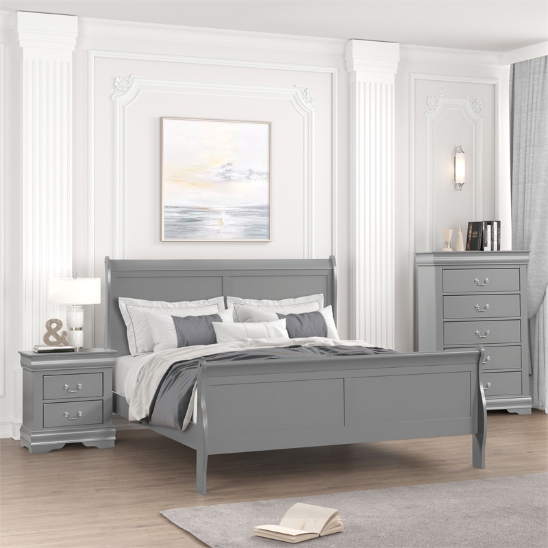 Pemberly Row Wood Frame 3-Piece Full Bedroom Set with Headboard in Gray