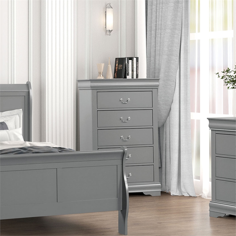 Pemberly Row Solid Wood Dovetail 5-Drawer Chest with Storage in Gray