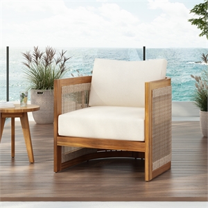 Pemberly Row Acacia Wood Outdoor Club Chair with Rope Accent with Cushions