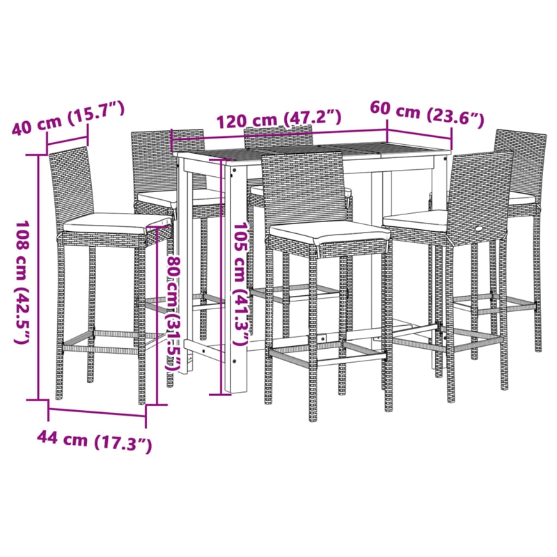 Pemberly Row 7 Piece Solid Acacia Wood Bar Set in Gray/Anthracite