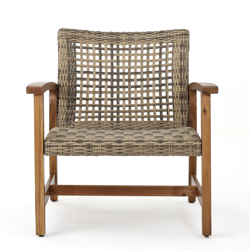Pemberly Row Set of 2 Outdoor Acacia Wood Wicker Club Chairs with Cushions