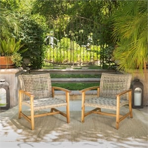 Pemberly Row Set of 2 Outdoor Acacia Wood Wicker Club Chairs with Cushions