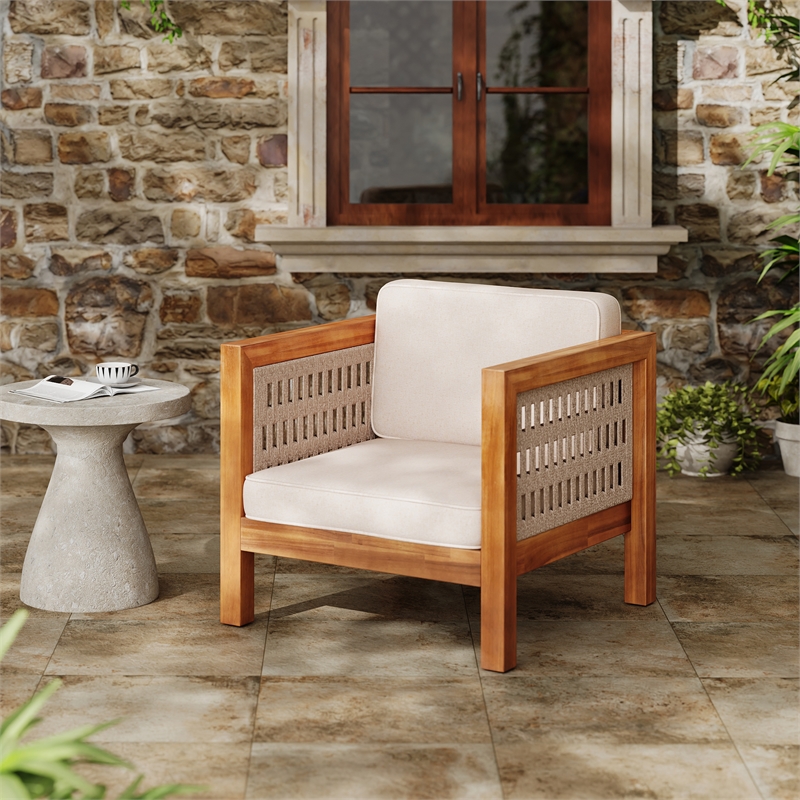 Pemberly Row Outdoor Acacia Club Chair with Rope Arms and Cushions