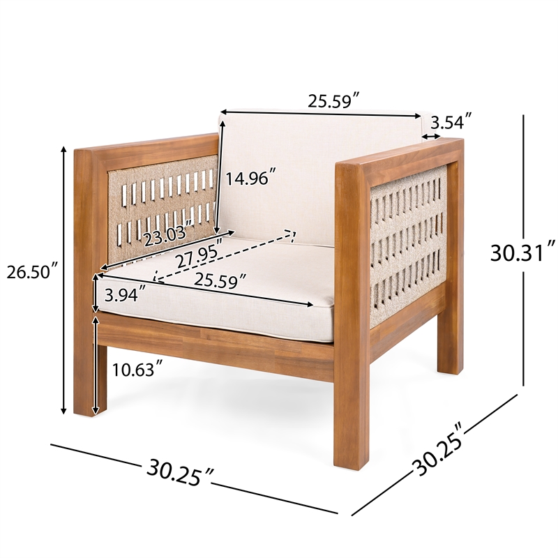 Pemberly Row Outdoor Acacia Club Chair with Rope Arms and Cushions