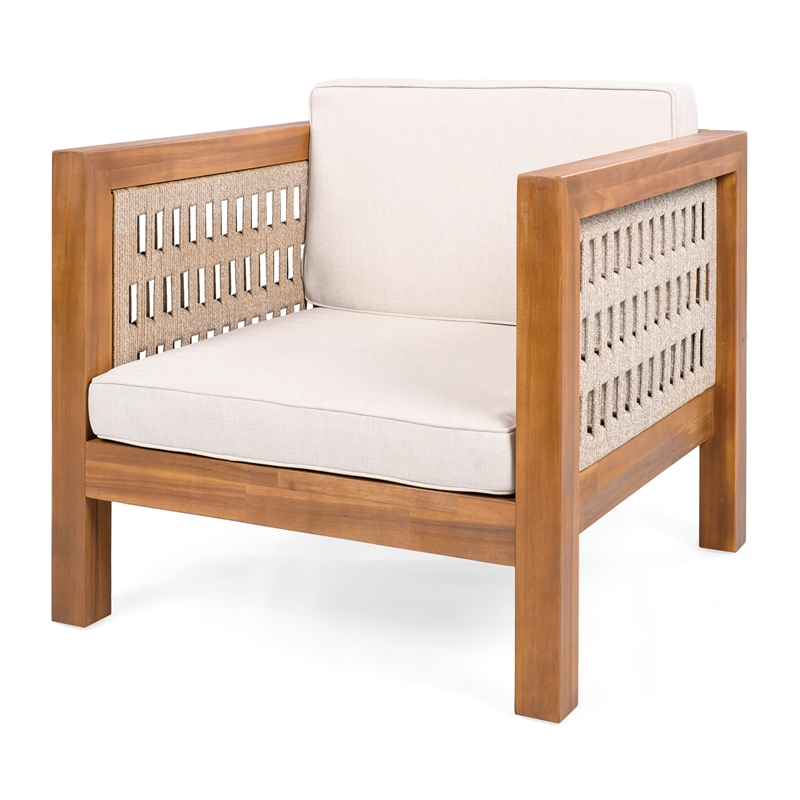Pemberly Row Outdoor Acacia Club Chair with Rope Arms and Cushions
