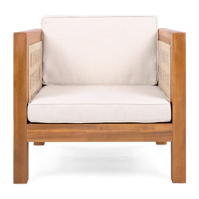 Pemberly Row Outdoor Acacia Club Chair with Rope Arms and Cushions