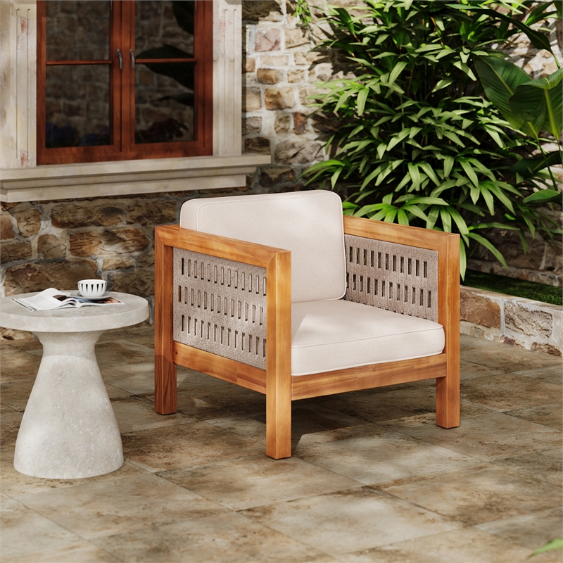 Pemberly Row Outdoor Acacia Club Chair with Rope Arms and Cushions