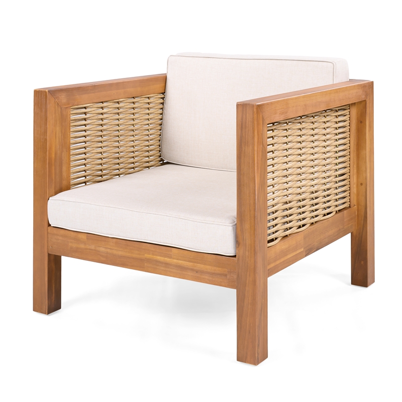 Pemberly Row Acacia Wood Outdoor Club Chair with Beige Cushions