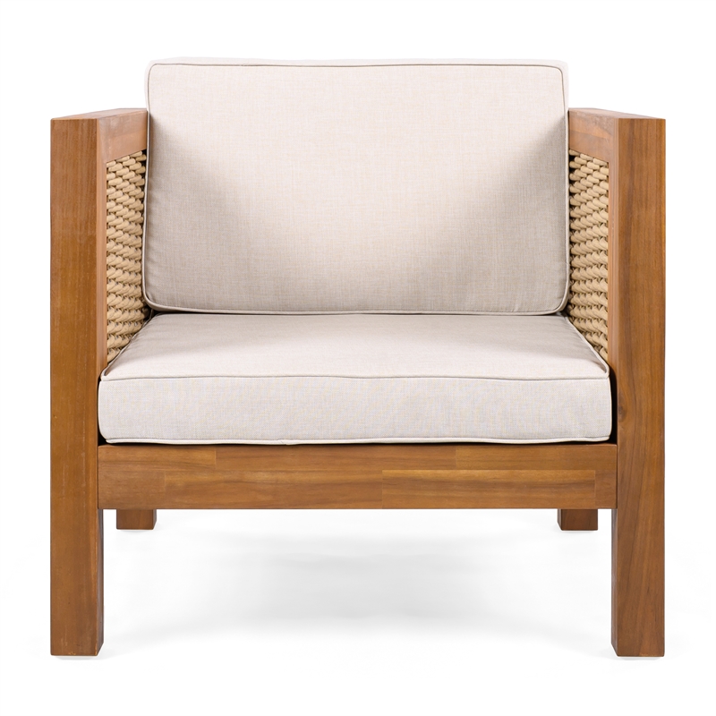 Pemberly Row Acacia Wood Outdoor Club Chair with Beige Cushions