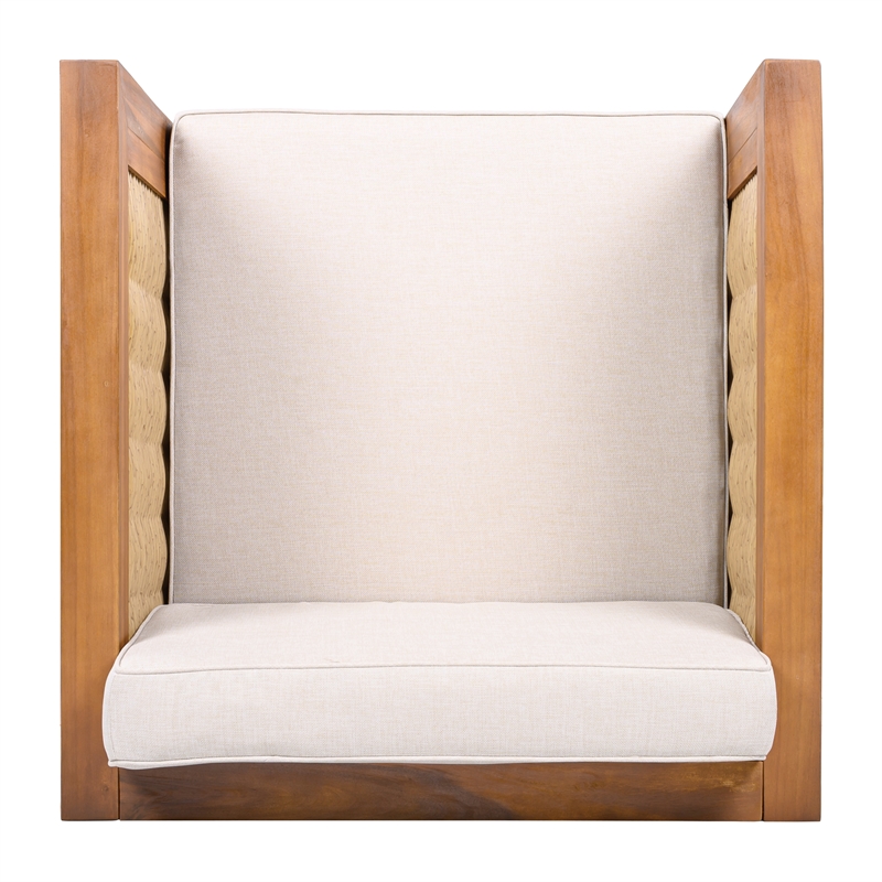 Pemberly Row Acacia Wood Outdoor Club Chair with Beige Cushions