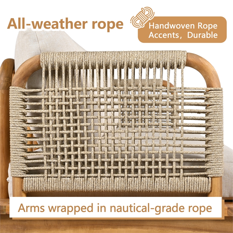 Pemberly Row Set of 2 Acacia Wood Outdoor Rope Club Chairs with Cushions