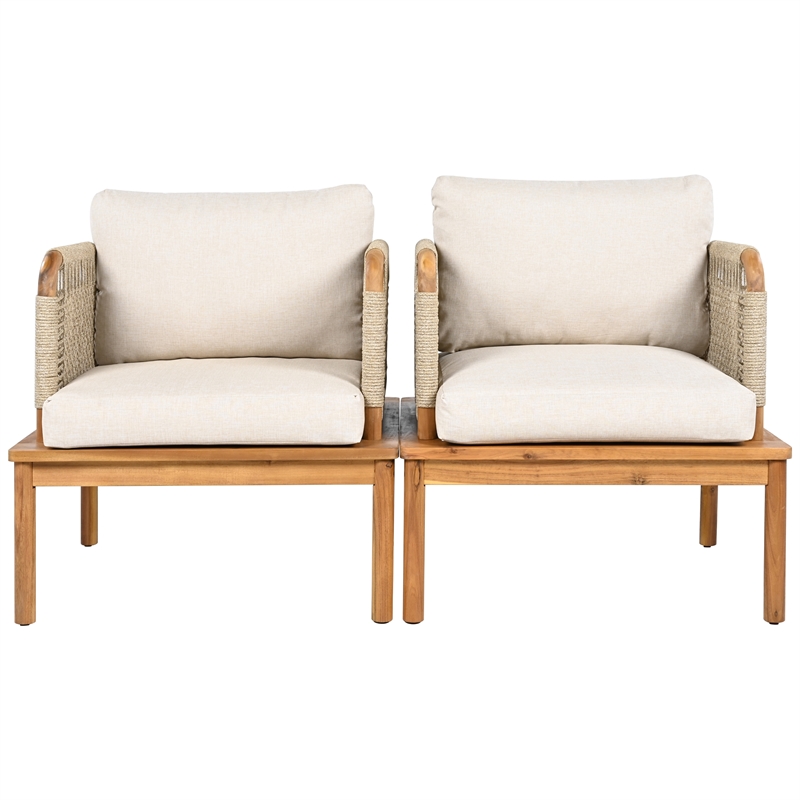 Pemberly Row Set of 2 Acacia Wood Outdoor Rope Club Chairs with Cushions