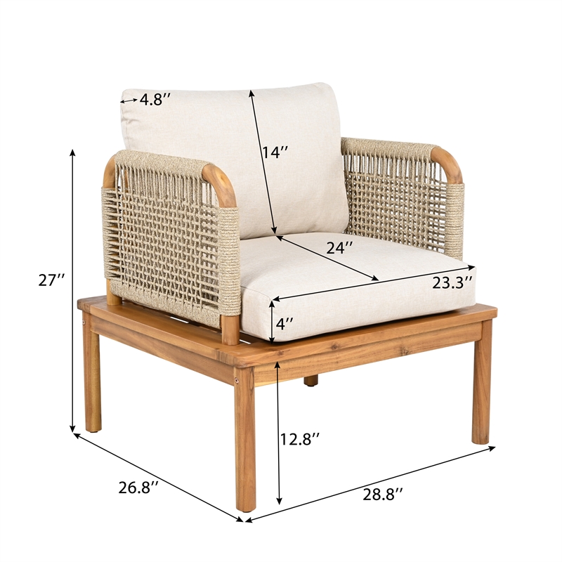 Pemberly Row Set of 2 Acacia Wood Outdoor Rope Club Chairs with Cushions