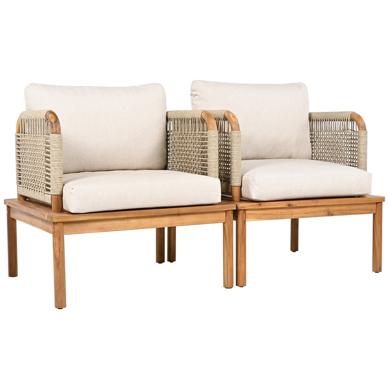 Pemberly Row Set of 2 Acacia Wood Outdoor Rope Club Chairs with Cushions
