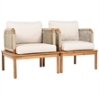 Pemberly Row Set of 2 Acacia Wood Outdoor Rope Club Chairs with Cushions