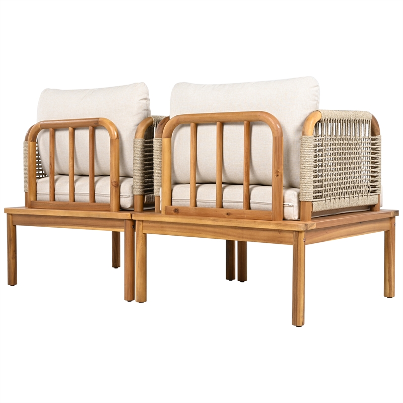 Pemberly Row Set of 2 Acacia Wood Outdoor Rope Club Chairs with Cushions