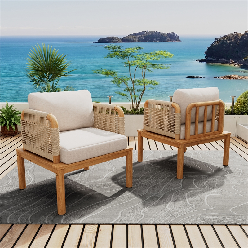 Pemberly Row Set of 2 Acacia Wood Outdoor Rope Club Chairs with Cushions