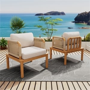 Pemberly Row Set of 2 Acacia Wood Outdoor Rope Club Chairs with Cushions