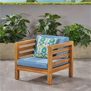 Pemberly Row Modern Outdoor Wood Club Chair with Rope Accents and Cushions