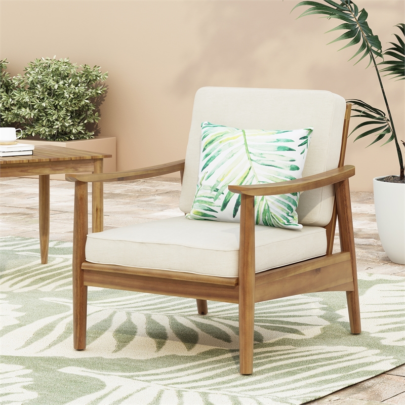 Pemberly Row Outdoor Acacia Wood Club Chairs with Thick Cushions