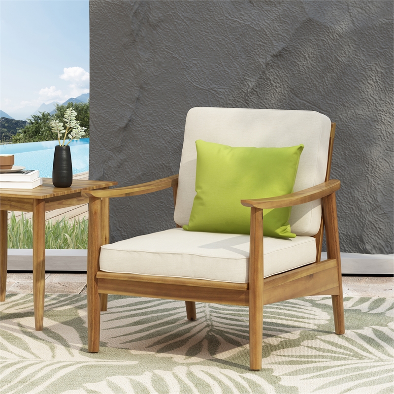 Pemberly Row Outdoor Acacia Wood Club Chairs with Thick Cushions