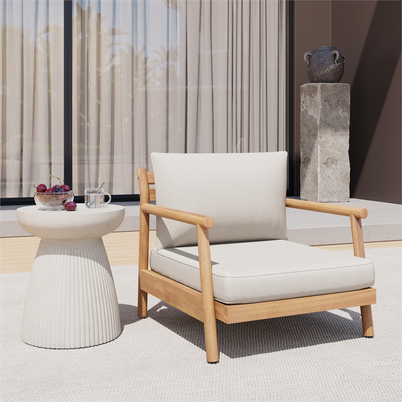 Pemberly Row Acacia Wood Patio Club Chair with Beige Cushions