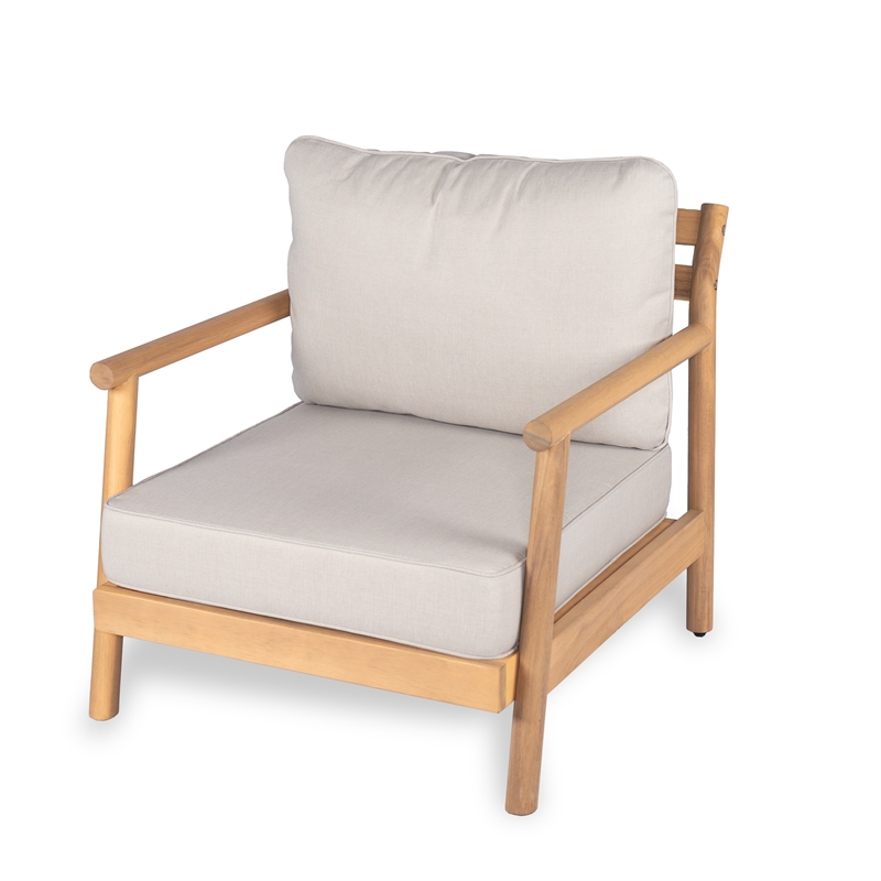 Pemberly Row Acacia Wood Patio Club Chair with Beige Cushions