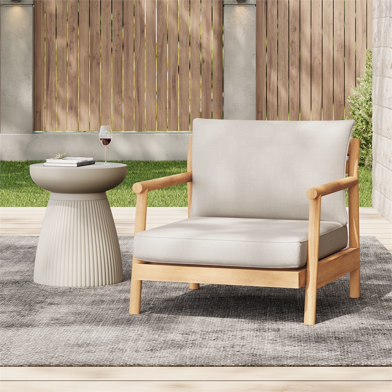Pemberly Row Acacia Wood Patio Club Chair with Beige Cushions