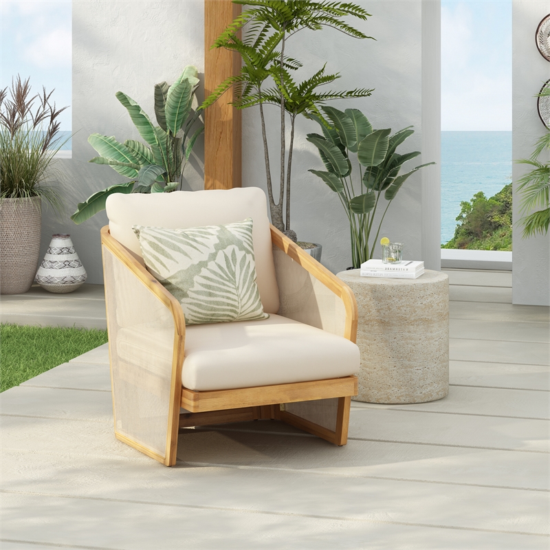 Pemberly Row Acacia Wood Outdoor Club Chair with Mesh and Cushions
