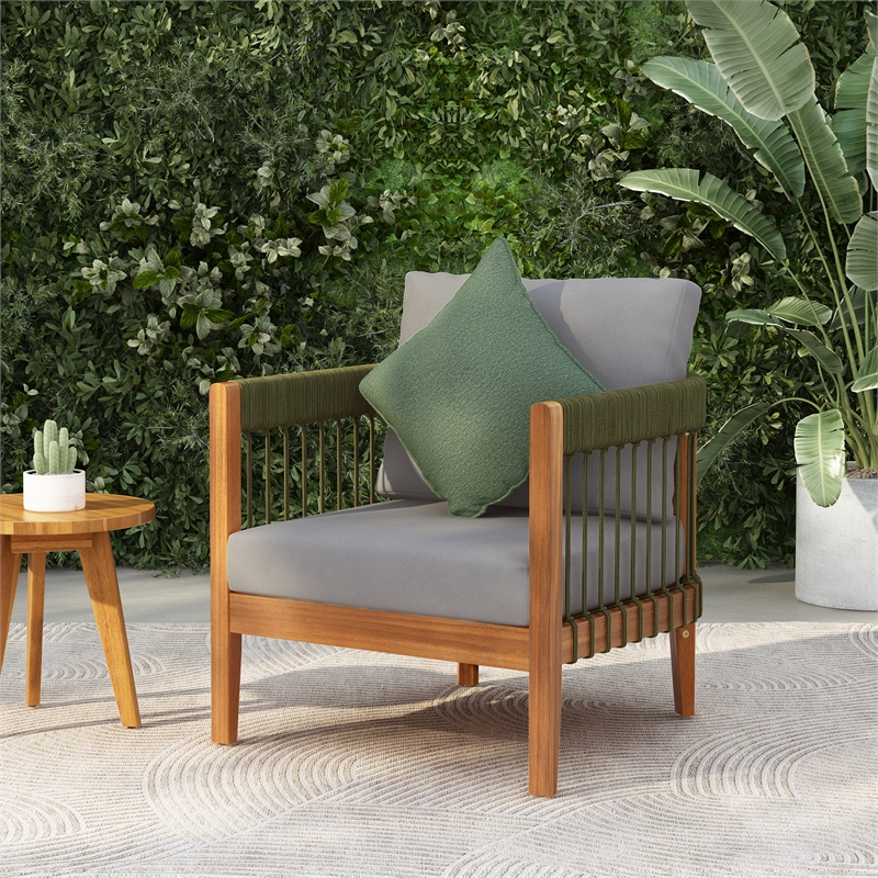 Pemberly Row Acacia Outdoor Club Chair with Rope Accent with Rope Accents