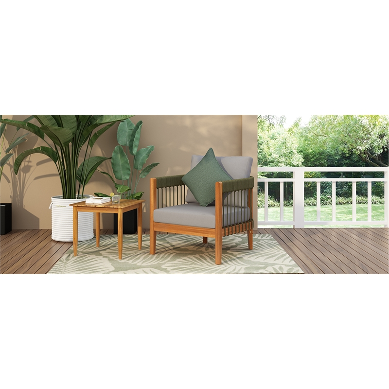 Pemberly Row Acacia Outdoor Club Chair with Rope Accent with Rope Accents