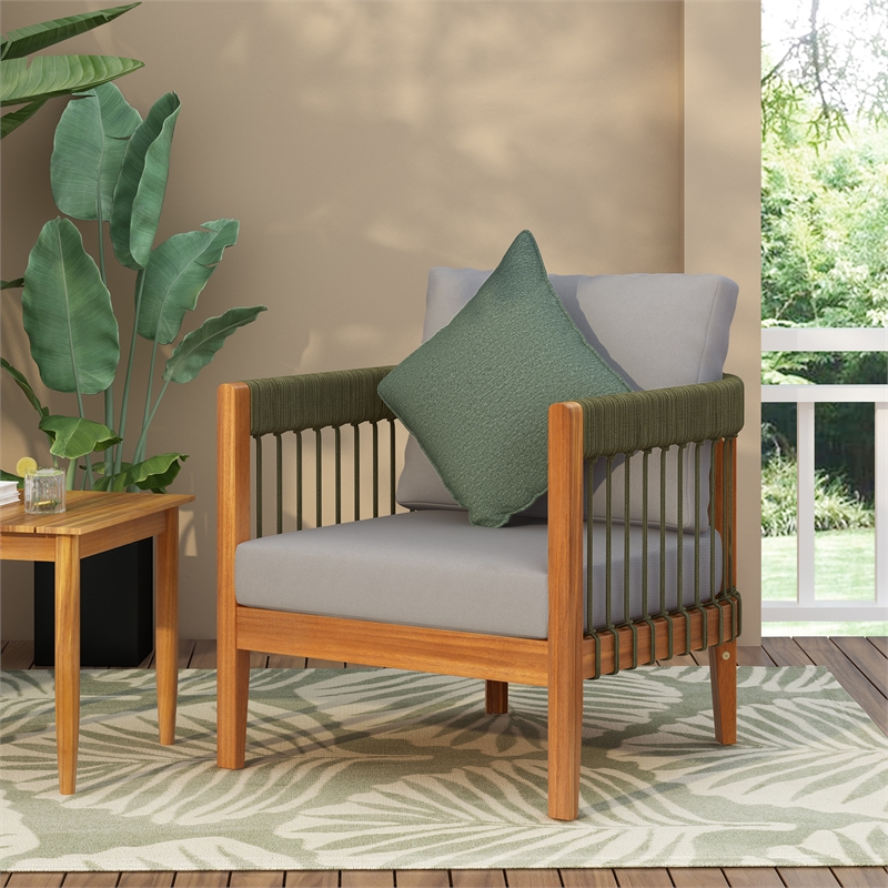 Pemberly Row Acacia Outdoor Club Chair with Rope Accent with Rope Accents
