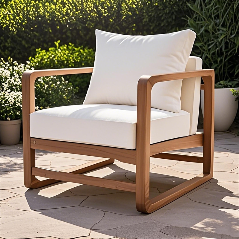 Pemberly Row Oversized Acacia Wood Outdoor Lounge Chair with White Cushions