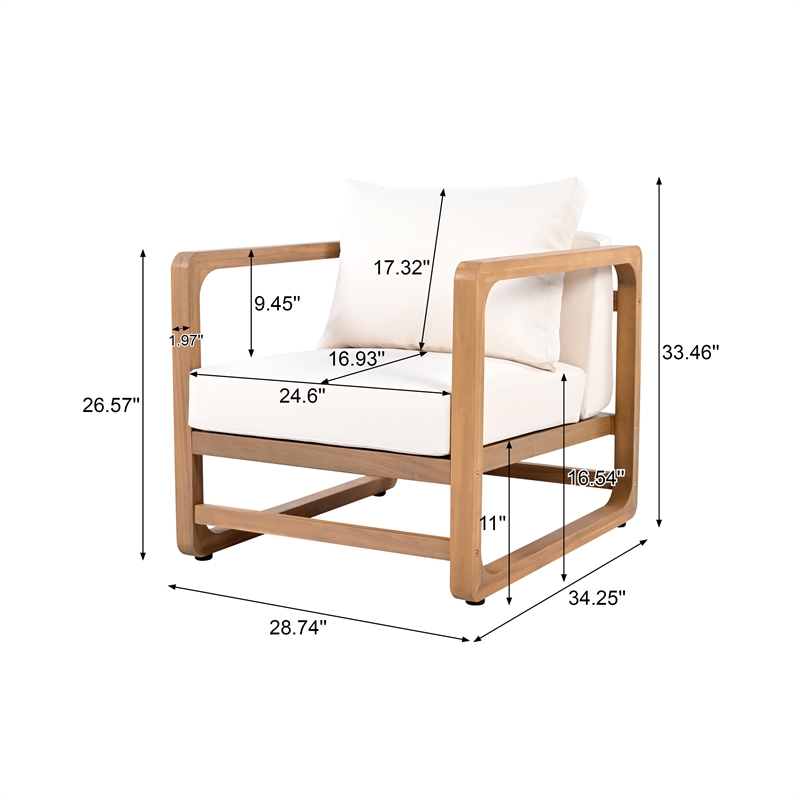 Pemberly Row Oversized Acacia Wood Outdoor Lounge Chair with White Cushions